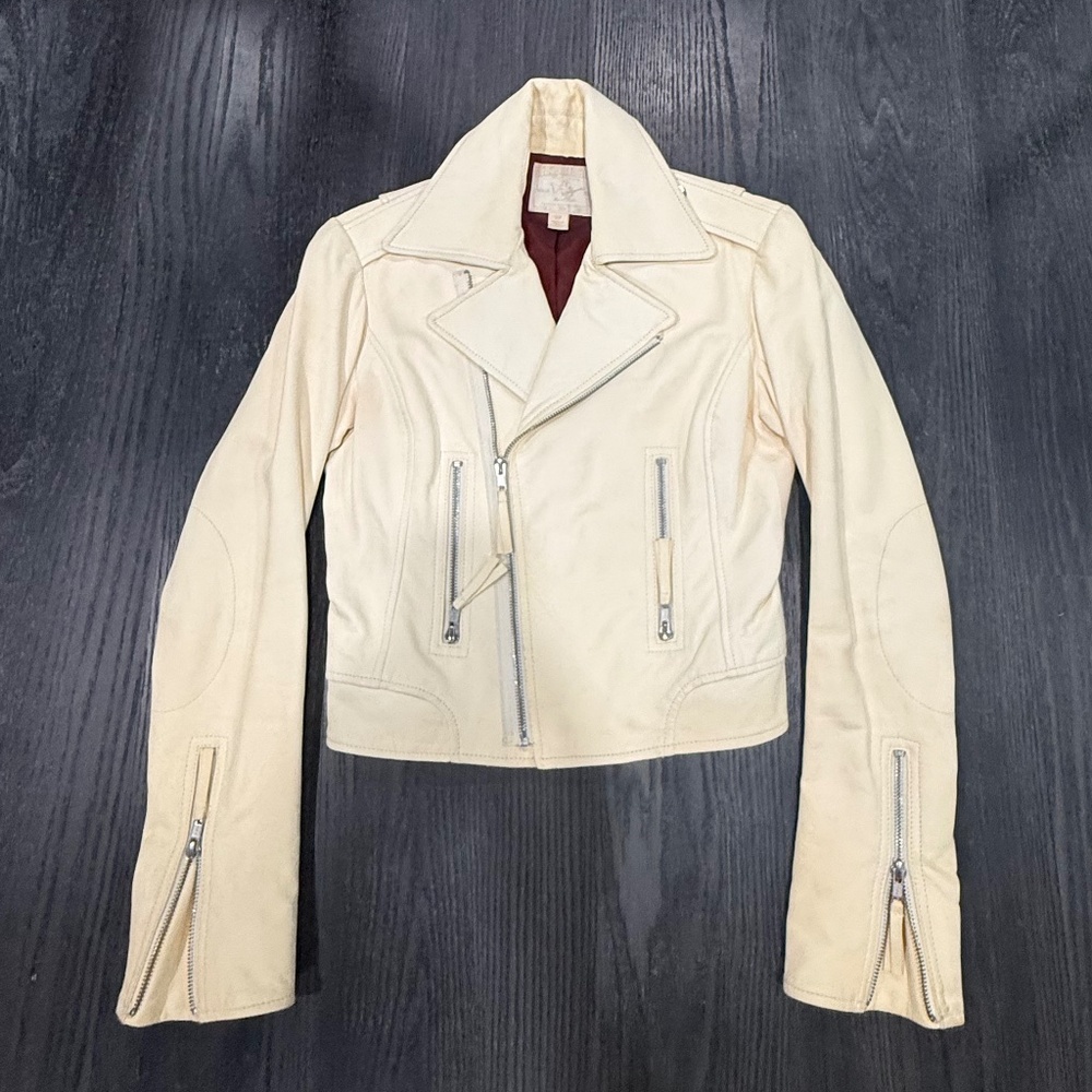 True Religion Off White Leather Moto Jacket